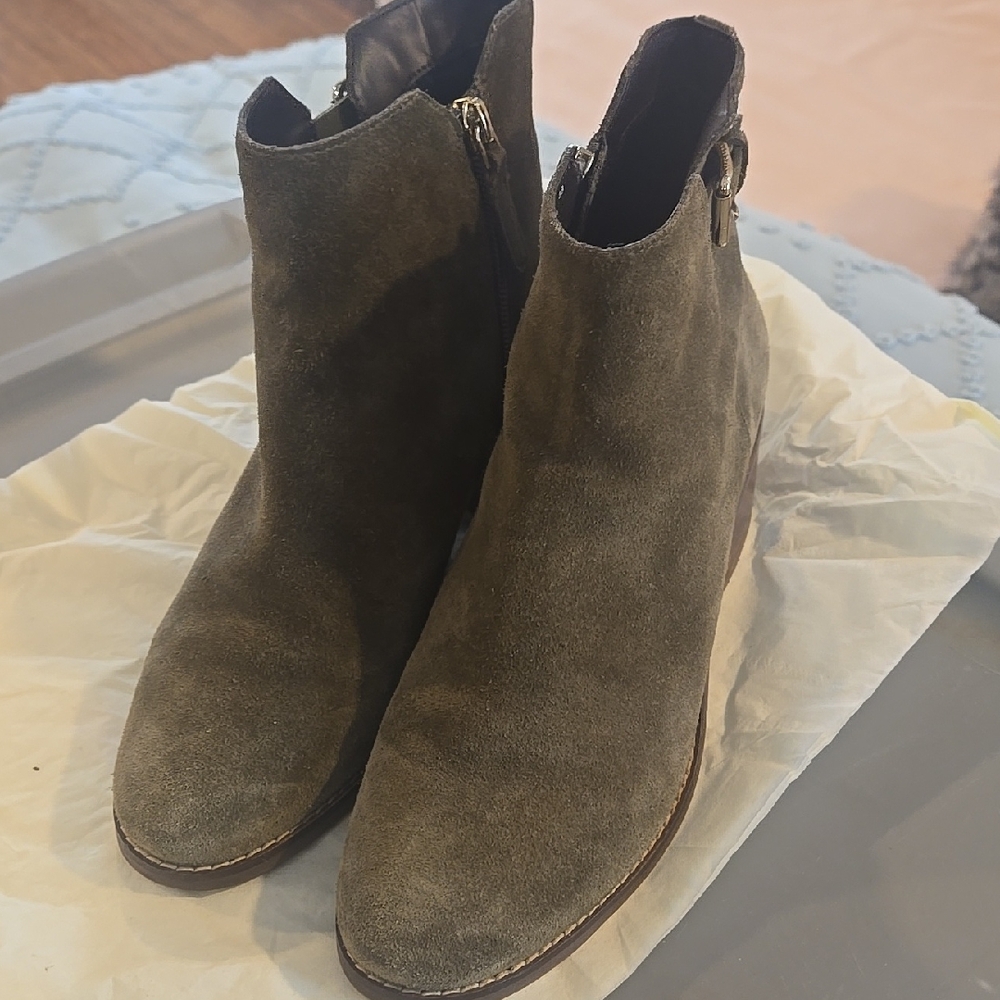 Cole Haan Olive Suede Ankle Booties with Side Zip